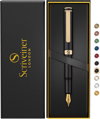 Scriveiner Luxury EDC Fountain Pen (Medium) Elegant Matte Black Pocket Pen 2-Chrome Finish Schmidt German Nib Converter Best Writing Pen Gift Set for Men and Women Elegant Stylish Office Designer