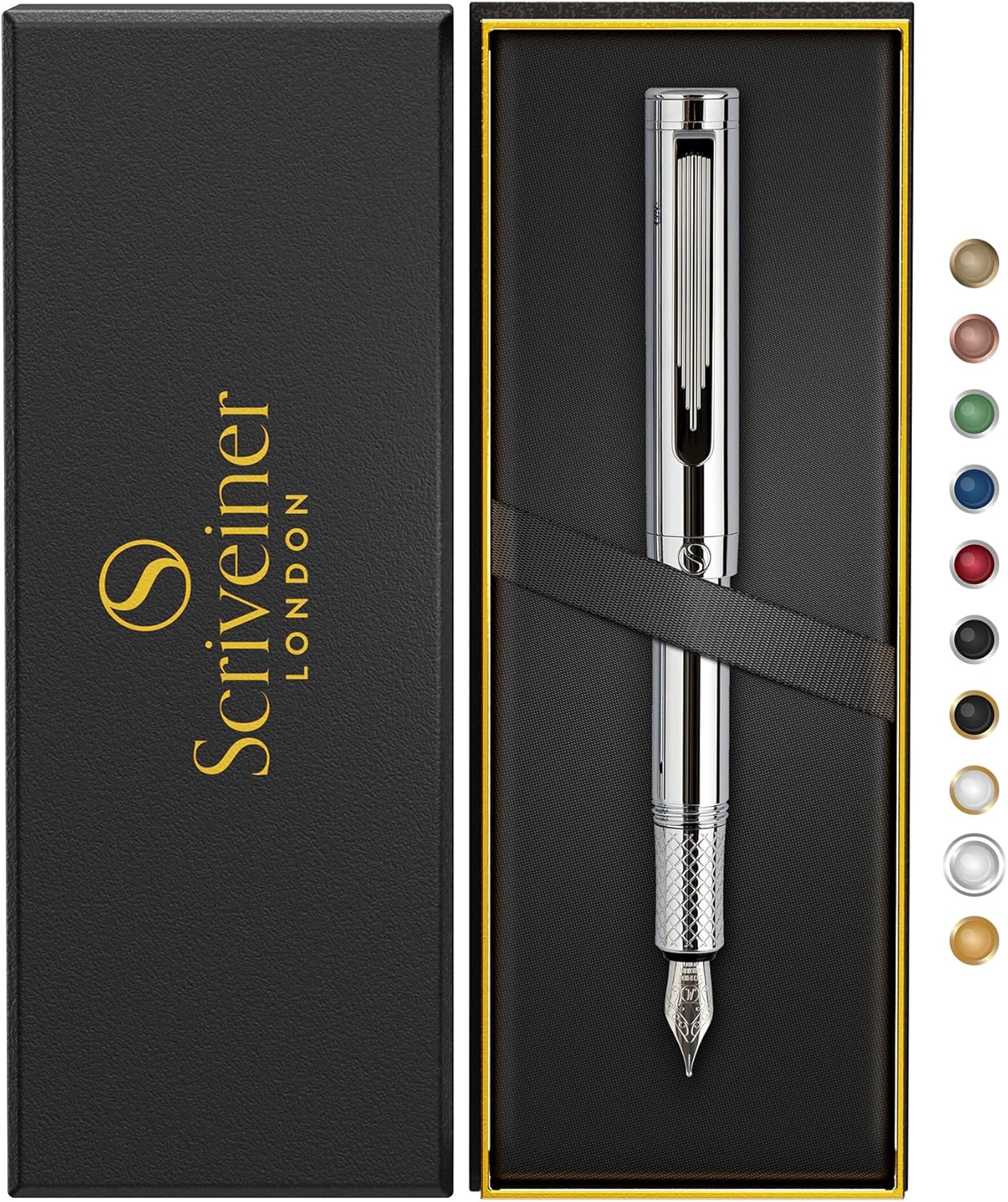 Scriveiner Luxury EDC Fountain Pen (Medium) Elegant and Substantial Pocket Pen Chrome Finish Schmidt German Nib Converter Best Writing Pen Gift Set for Men and Women Stylish Office Designer Pen