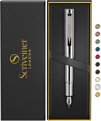 Scriveiner Luxury EDC Fountain Pen (Medium) Elegant and Substantial Pocket Pen Chrome Finish Schmidt German Nib Converter Best Writing Pen Gift Set for Men and Women Stylish Office Designer Pen
