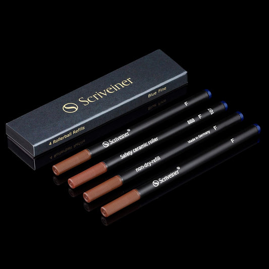 Scriveiner Blue Fine Rollerball Refills - Set of 4 Rollerball Refills for Scriveiner Pens - Safe Ceramic No-Dry Roller Pen Refills F - Schmidt888 Size - Made in Germany
