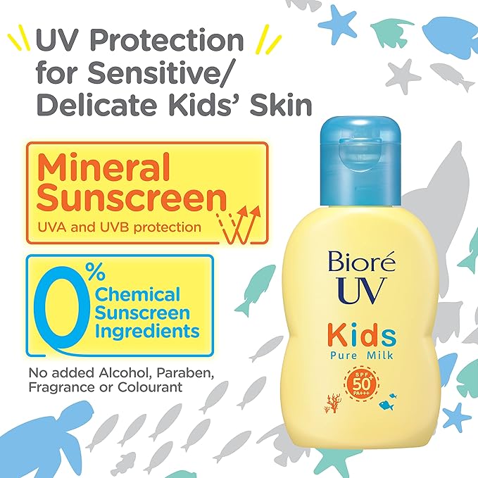 Biore UV Kids Pure Milk, Sunscreen, 2.4 fl oz (70 ml), SPF50 / PA+++ Mineral Barrier Protecting Zero UV Absorber Formula for Kids UV Fragrance