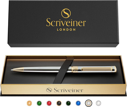 Scriveiner Ballpoint Pen, Premium Real Gold Plating, Schmidt Black Refill Included. Ideal Ballpoint Pen Gift Set for Men, Women, Businessmen, Executives, and Office Use (Silver Chrome)