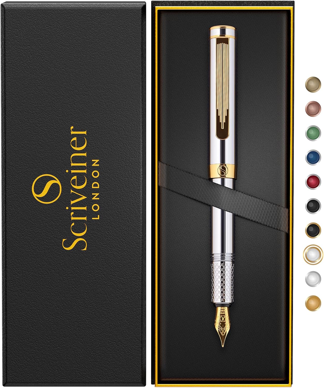 Scriveiner Luxury EDC Fountain Pen (Medium) Ornate Heavy Pocket Pen with 24K Finish Schmidt German Nib Converter Best Writing Pen Gift Set for Men Women Nice Stylish Office Designer Pen
