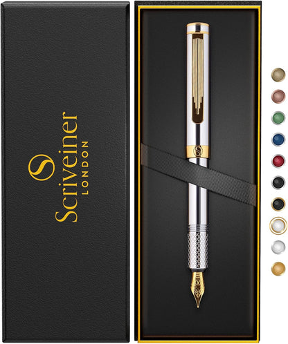 Scriveiner Luxury EDC Fountain Pen (Medium) Ornate Heavy Pocket Pen with 24K Finish Schmidt German Nib Converter Best Writing Pen Gift Set for Men Women Nice Stylish Office Designer Pen