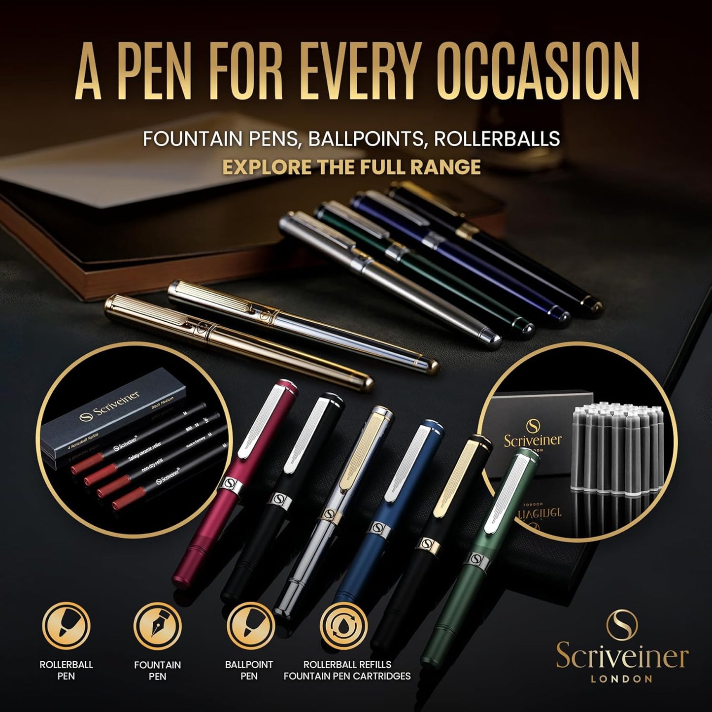 Scriveiner Heavy Gold Rollerball Pen, German Schmidt Refill, Best EDC Writing Pen Gift Set for Men & Women, Nice Fancy Office Pen, Award Winning Luxury Pocket Pen, Real Gold Plated Finish