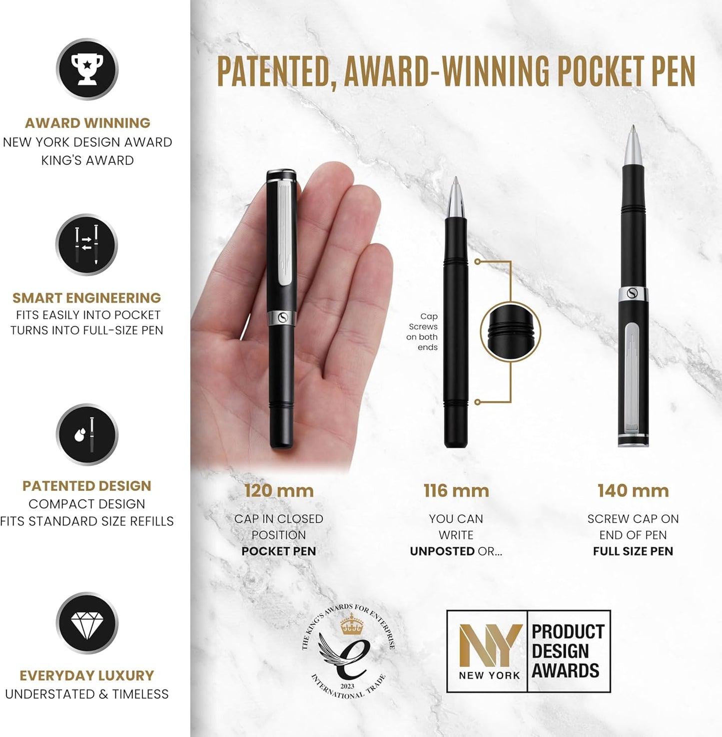 Scriveiner Black Rollerball EDC Luxury Pen, Stunning Pocket Pen with Chrome Finish, Cool Writing Pen, Best Pen Gift for Men & Women, German Schmidt Refill, Nice Present, Fancy Office Designer Pen Set