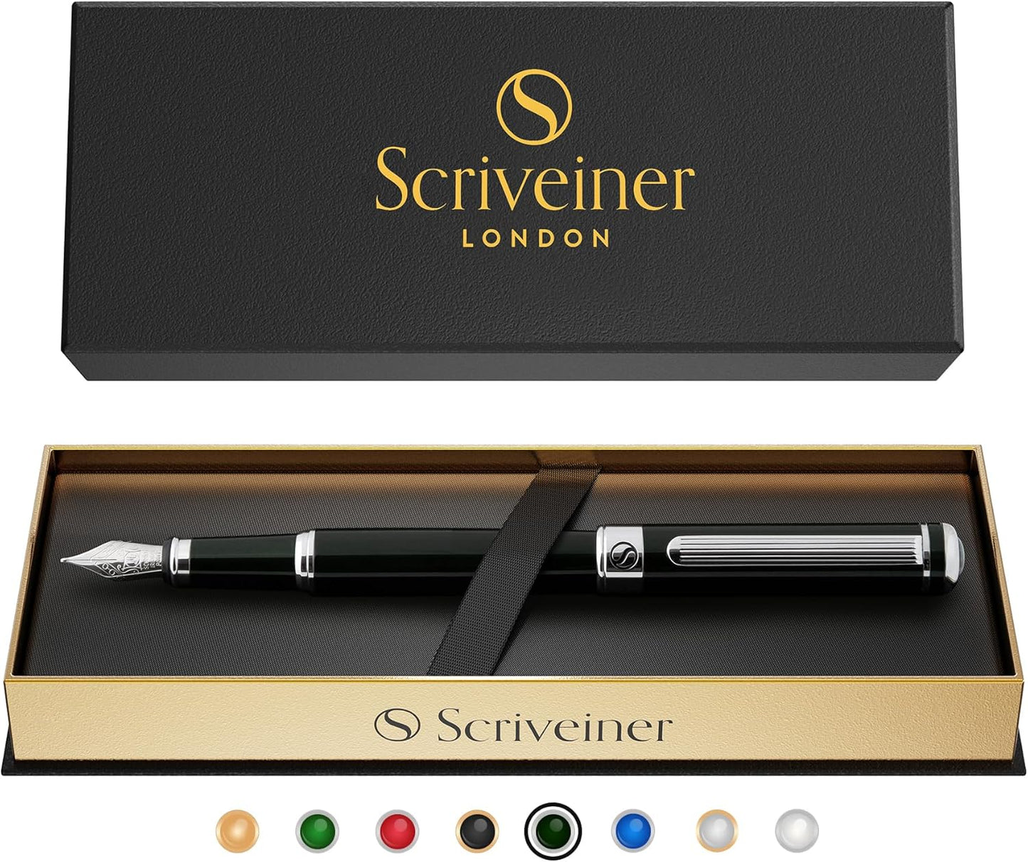 Scriveiner Black Green Fountain Pen - Stunning Luxury Pen with Chrome Finish, Schmidt Nib (Fine), Best Pen Gift Set for Men and Women, Perfect Pen for Professional, Executive and Office Black Green