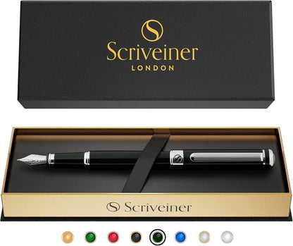 Scriveiner Black Green Fountain Pen - Stunning Luxury Pen with Chrome Finish, Schmidt Nib (Fine), Best Pen Gift Set for Men and Women, Perfect Pen for Professional, Executive and Office Black Green