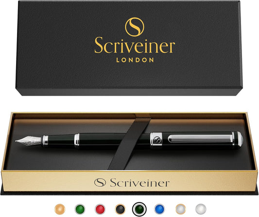Scriveiner Black Green Fountain Pen - Stunning Luxury Pen with Chrome Finish, Schmidt Nib (Fine), Best Pen Gift Set for Men and Women, Perfect Pen for Professional, Executive and Office Black Green
