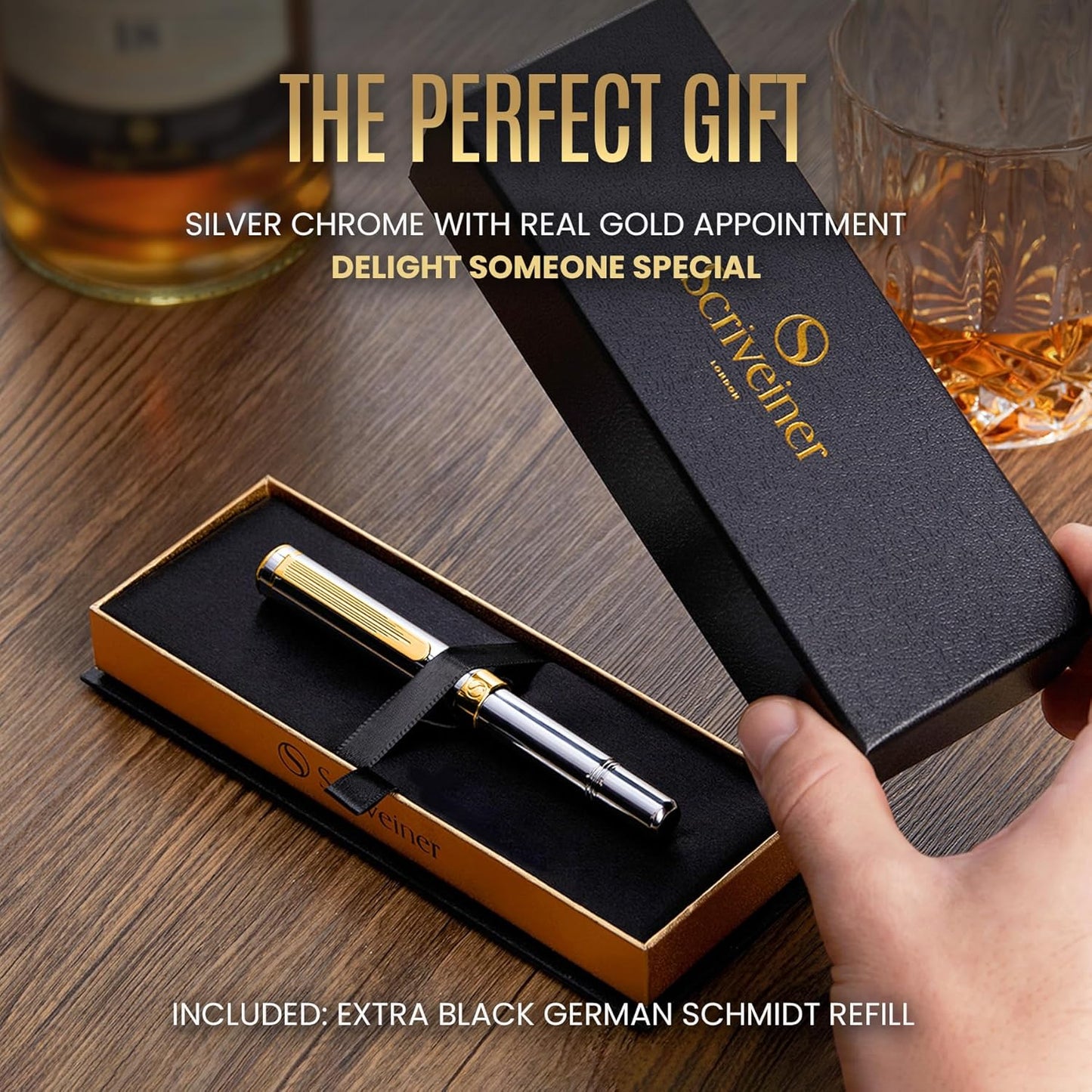Scriveiner Silver Chrome Rollerball, Award Winning Luxury Pen, Heavy Pocket Pen, 24K Gold Finish, German Schmidt Refill, Best EDC Writing Pen Gift Set for Men & Women, Nice Designer Office Fancy Pen