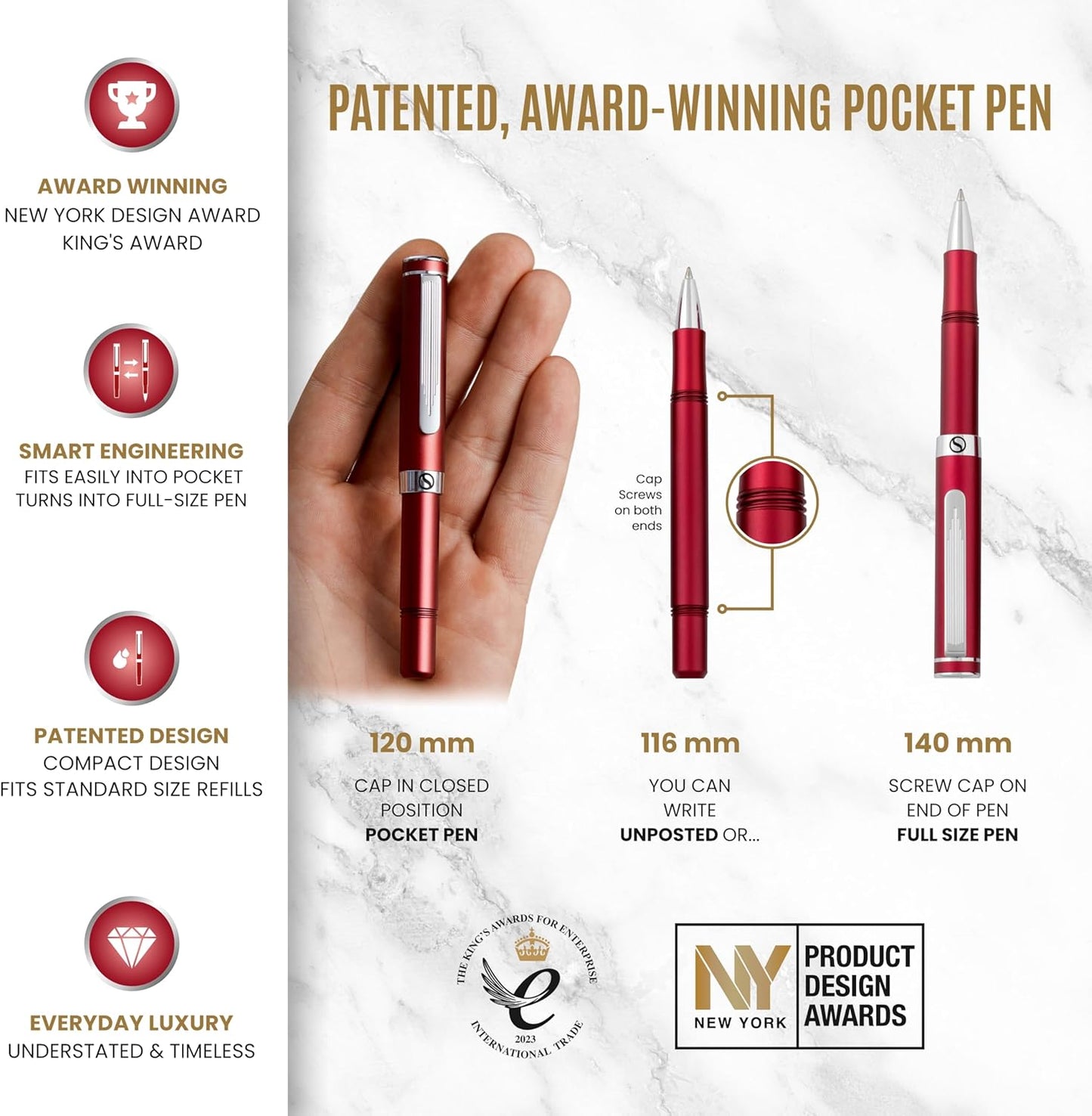 Scriveiner Old Version Red Rollerball EDC Luxury Pen, Stunning Pocket Pen with Chrome Finish, Cool Writing Pen, Best Pen Gift for Men & Women, German Schmidt Refill, Nice Present