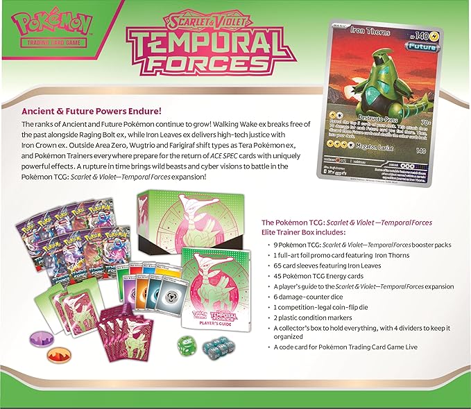 Pokemon TCG: Scarlet & Violet - Temporal Force Elite Trainer Box - Iron Leaf (1 Full Art Iron Sphere Promo Card, 9 Boosters & Premium Accessories)