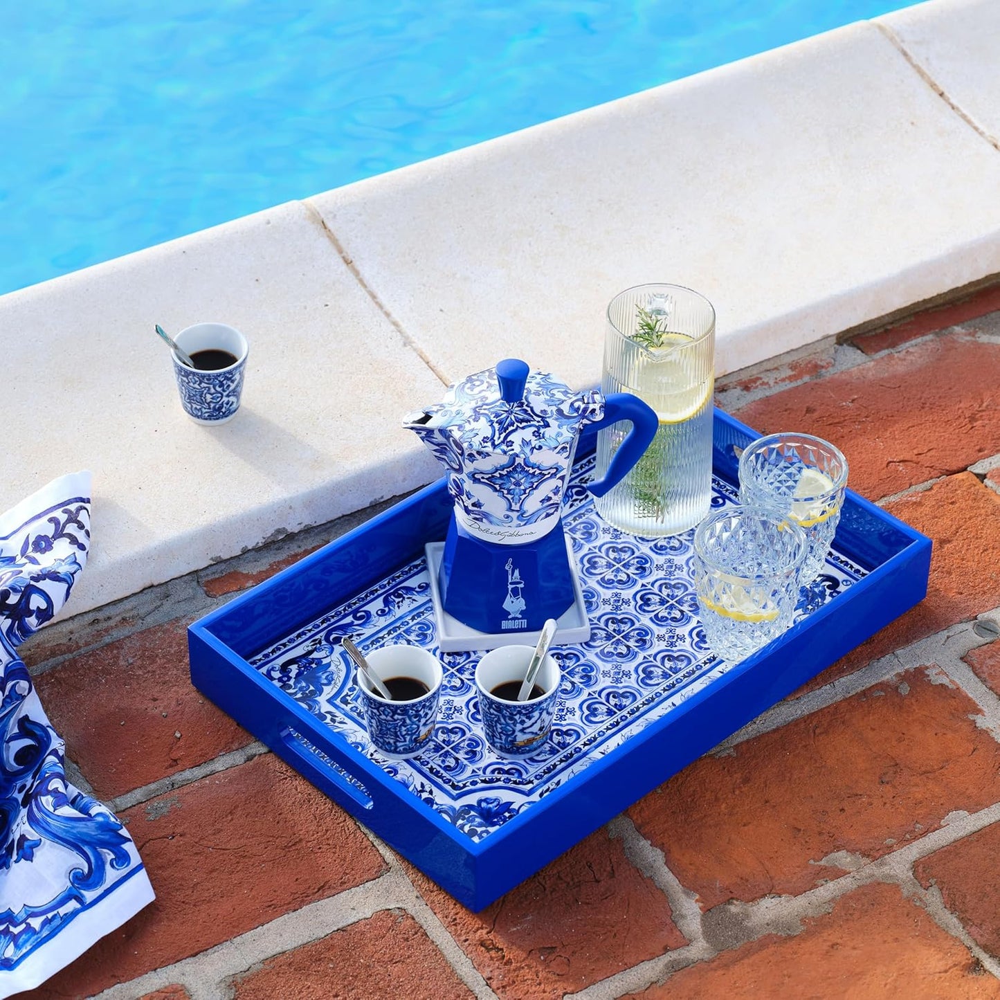 Bialetti Dolce & Gabbana Blue Mediterraneo Moka Express & Espresso Cup Set, Direct Fire