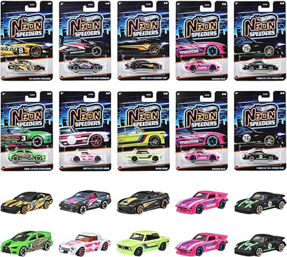 Hot Wheels 986E-HLH72 Neon Speeders Assortment Vehicle Toy, Mini Car, Pack of 10, Sold in Box, 3 Years Old and Up Multi