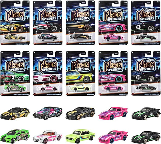 Hot Wheels 986E-HLH72 Neon Speeders Assortment Vehicle Toy, Mini Car, Pack of 10, Sold in Box, 3 Years Old and Up Multi