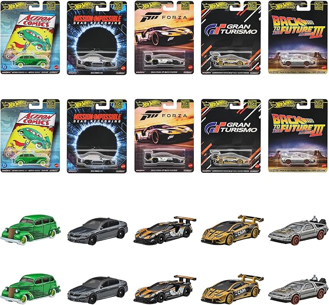 Hot Wheels 986L-HXD63 Pop Culture Assortment, Vehicle Toy, Mini Car, Pack of 10, Sold in Box, 3 Years Old and Up Multi