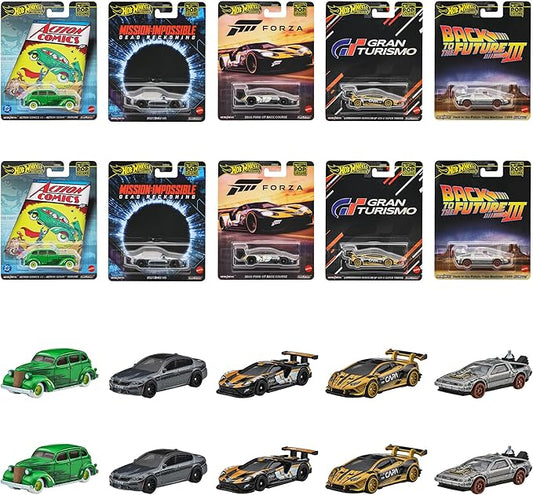Hot Wheels 986L-HXD63 Pop Culture Assortment, Vehicle Toy, Mini Car, Pack of 10, Sold in Box, 3 Years Old and Up Multi