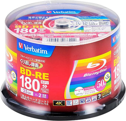 Verbatim VBE130NP53SV4 VBE130NP53SV4 for Repeated Recording, 25 GB, 50 Sheets + 3 Extra Pack, Inkjet Printer Compatible, White, Single Layer, 1-2x, Verbatim, 1 Recording, Blu-ray Disc, BD-R, 25 GB, 50