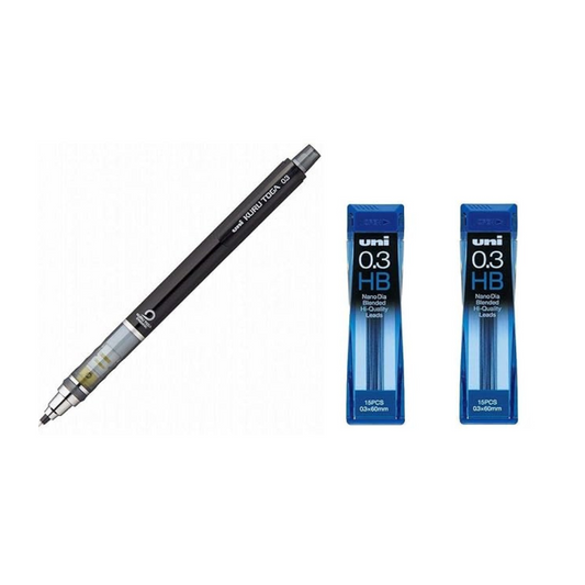 Uni Kurutoga Mechanical Pencil Standard 0.3mm Black (M34501P.24)+ Uni NanoDia Mechanical Pencil 0.3 mm Lead HB x 2 Set