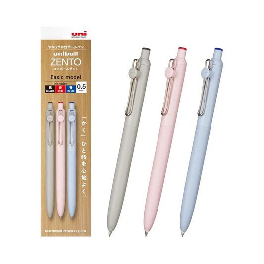Mitsubishi Pencil UBNZS05.3C Uniball ZENTO Basic 0.5 Water-Based Ballpoint Pen Set of 3 Black Red Blue