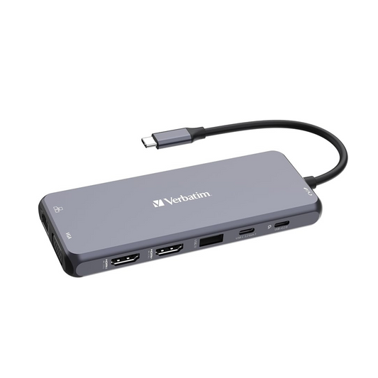 Verbatim 3215 USB Type-C Hub Supports PD Rapid Charging, 14 in 1 Maximum 85W, USB Power Delivery HDMI (4K 60Hz), HDMI (4K 30Hz), 1 VGA, 3 x USB C USB-A (3.0), USB-C USB-A (2.0) x 2 SD(3.0), MicroSD
