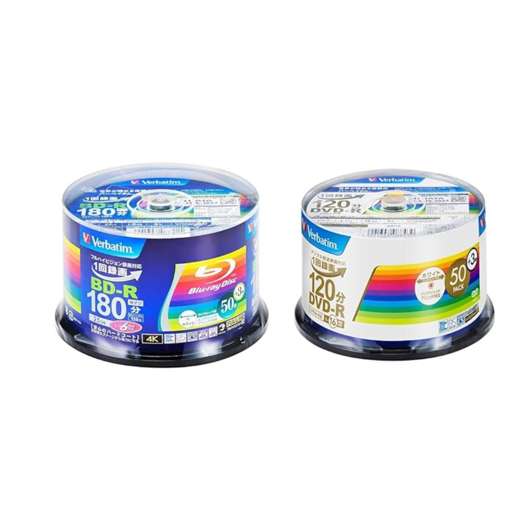 Verbatim BD-R Single Recording Blu-ray Disc BD-R 25 GB 50 Sheets + 3 Extra Packs, Inkjet Printer Compatible, White, 1 Layer, 1-6x + Verbatim 1 Recording, DVD-R CPRM, 120 Minutes, 50 Sheets + 3 Extra