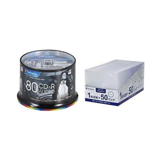 Verbatim CPSSC50 CD/R for Music, 80 Minutes, 50 Sheets, White Printer, 48x, MUR80FP50SV2b&BD/DVD/CD Case, 50 Sheets, Slim Case (0.2 inch (5 mm) Thick, Transparent