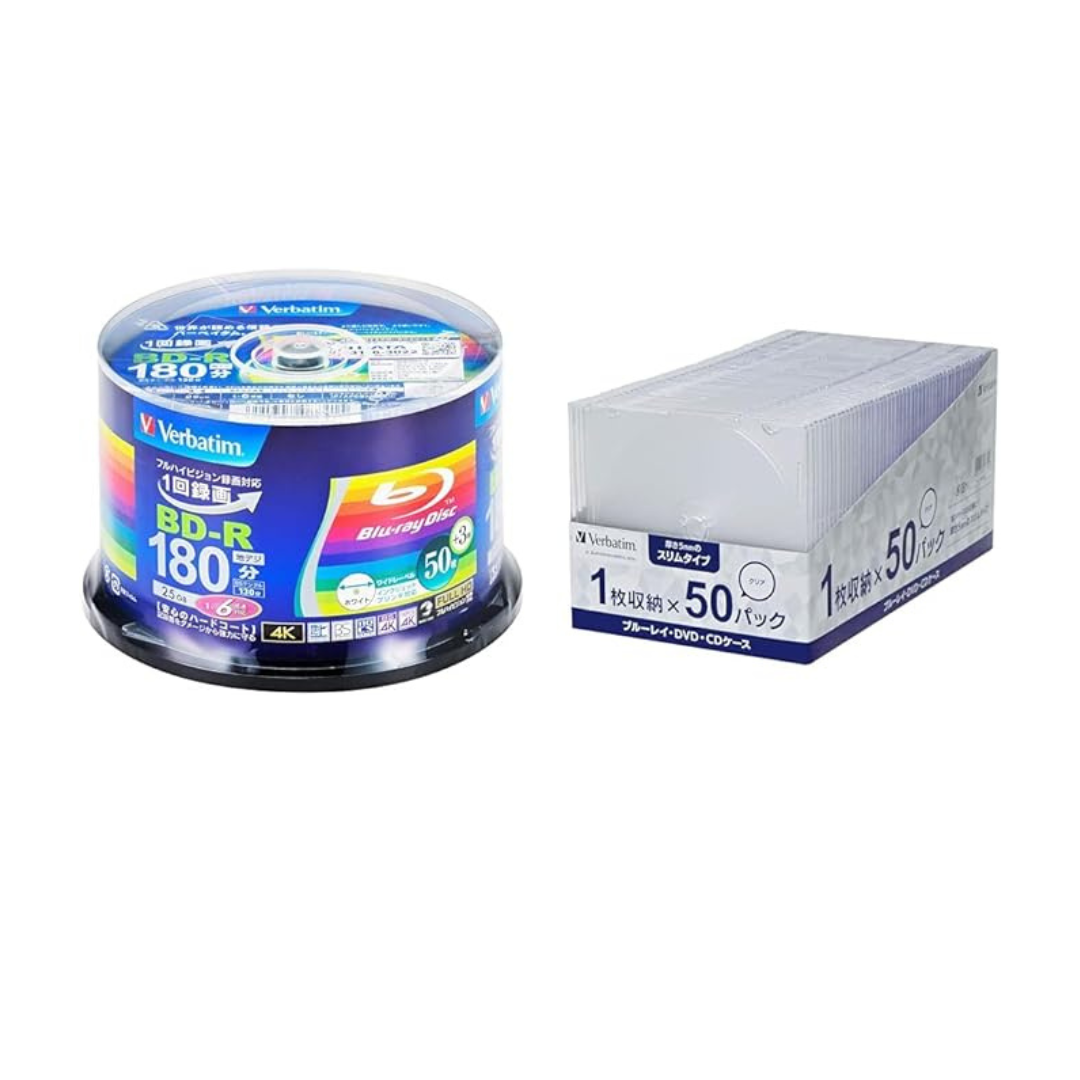 Verbatim CPSSC50 BD-R Blu-ray Disc for Single Recording, 25 GB, 50 Sheets + 3 Extra Packs, Inkjet Printer Compatible, White, Single Layer, 1-6x + Verbatim BD/DVD/CD Case, 50 Sheets, Slim Case (0.2