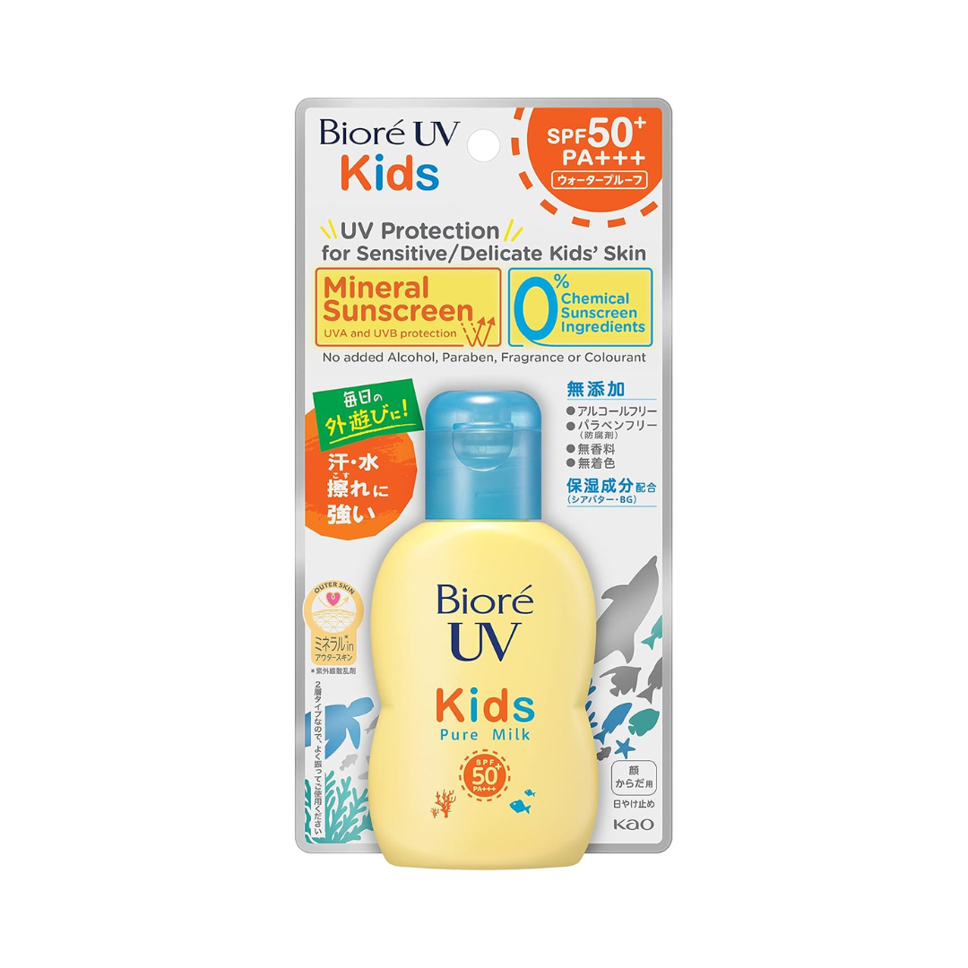 Biore UV Kids Pure Milk, Sunscreen, 2.4 fl oz (70 ml), SPF50 / PA+++ Mineral Barrier Protecting Zero UV Absorber Formula for Kids UV Fragrance