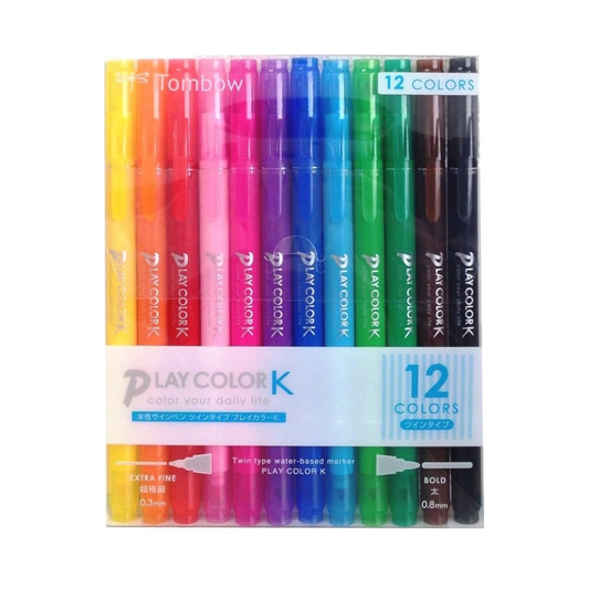 Tombow Pencil Water-Based Sign Pen 12 Colors (Thick 0.8mm & Extra Fine 0.3mm Twin Type) Color Pen Play Color K GCF-011