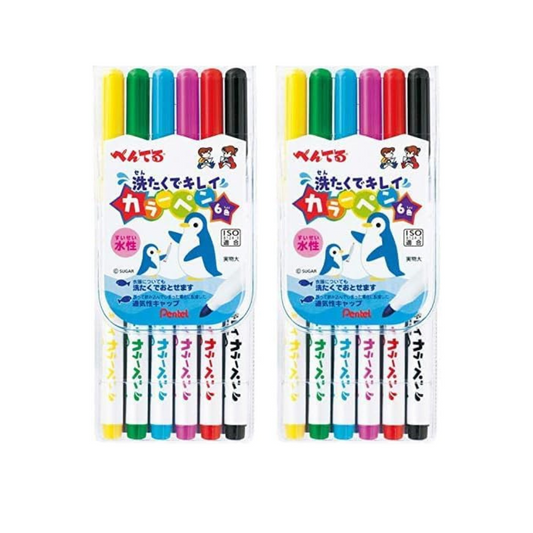 Pentel SCS2-6 Rollerball Pen, Wash Clean Color Pen, 6 Colors (x2)