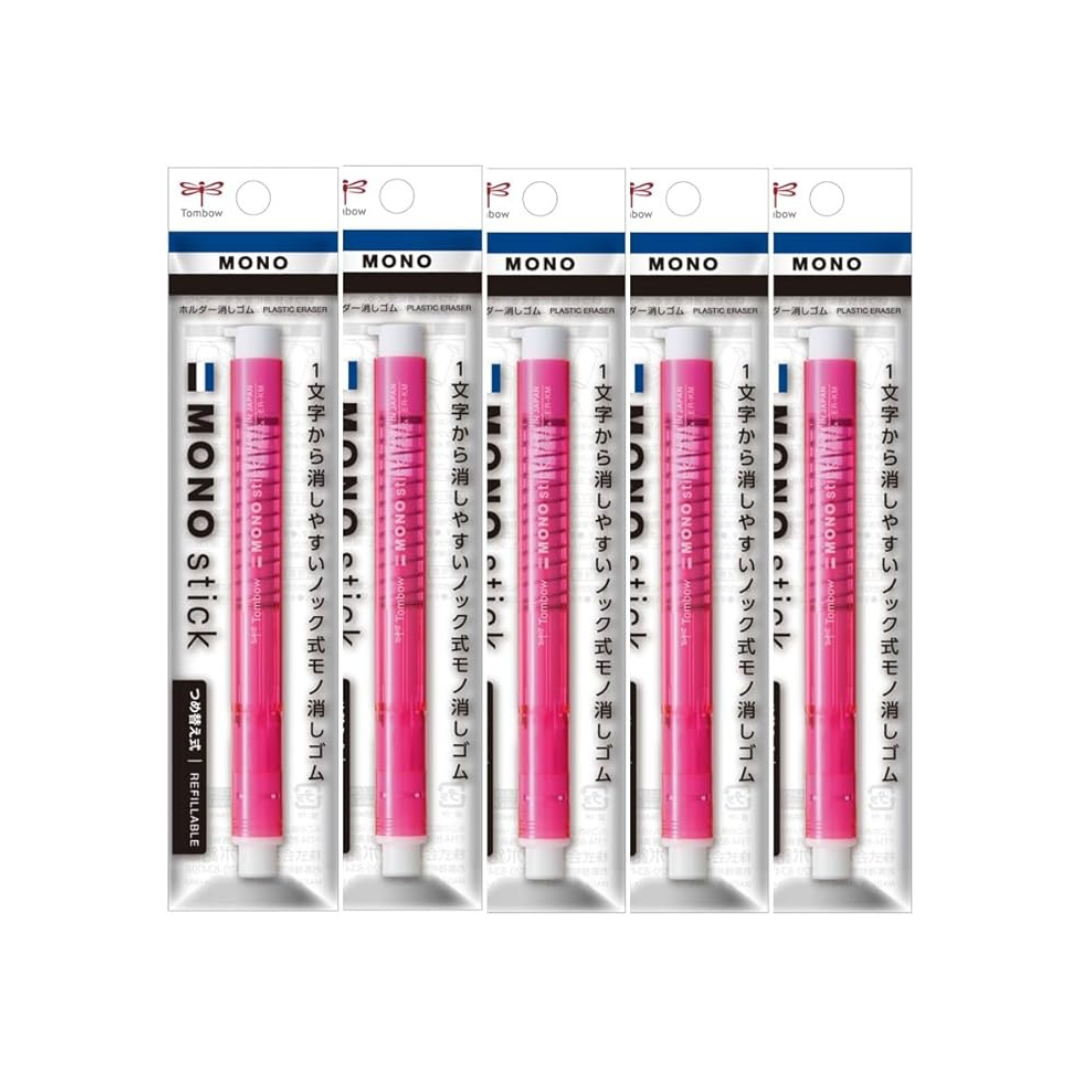 Tombow Pen Eraser  Mono Stick Pink 5 Pcs (Pen-Shaped MONO Eraser) Retractable Holder Eraser JCC-121C-5P