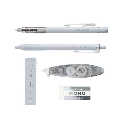 Tombow Pencil MONO PCC-541CAZ Stationery Set, Grayscale, Light Gray, 5 Piece Set (Mechanical Pencil, Pencil Lead, Eraser, Ballpoint Pen Correction Tape)