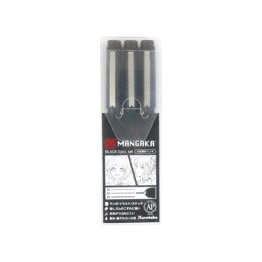 Kuretake ZIG CARTOONIST MANGAKA Black 3 Sets 0.25mm 0.45mm 0.65mm Art Illustration Lettering Graphic Designer Urban Artist Paper Craft AP Certified