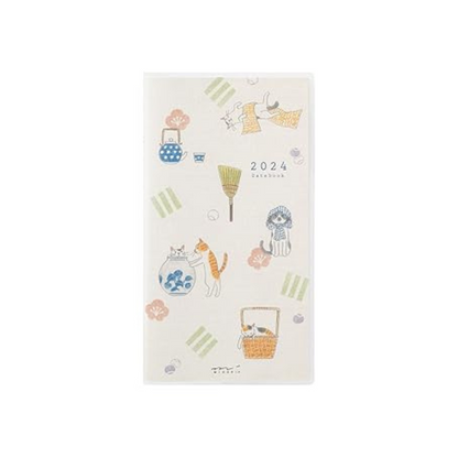 Midori Pocket Diary Notebook, 2024, Slim, Monthly Cat Pattern, Starts October (Cat Print)