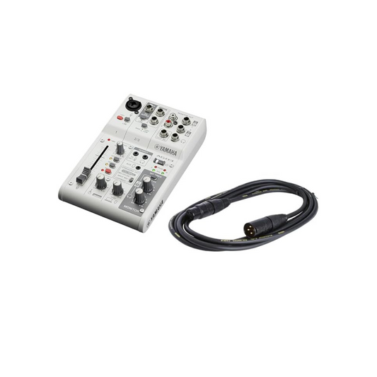 Yamaha AG03MK2W MC Live Streaming Mixer, 3 m Microphone Cable Set, 3 Channels, White