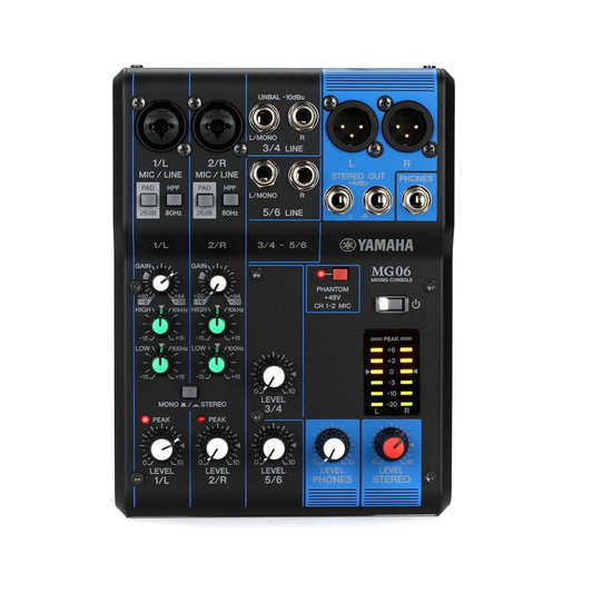 Yamaha 6-channel mixing console MG06 with up to 2 Mic/6 Line inputs, equipped with D-PRE microphone preamplifier, and robust metal chassis