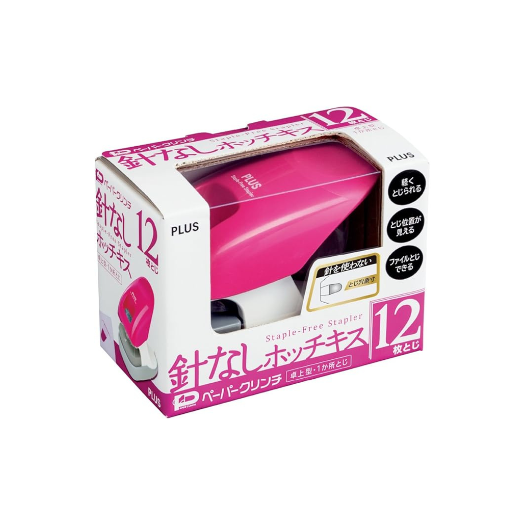 PLUS Stapler, Needleless Stapler, Paper Clinch, Tabletop Type, 12 Sheets, Pink, 31-212