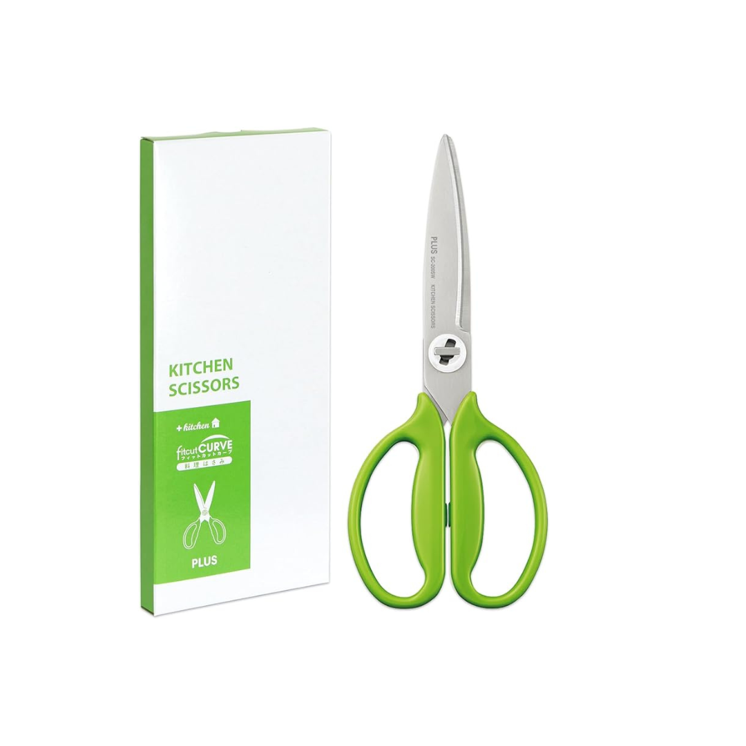 Plus Kitchen Scissors, Disassembly, Dishwasher Safe, Stress-Free Cut, Fit Cut Curve, Lettuce Green, Paper Box Packaging 35727