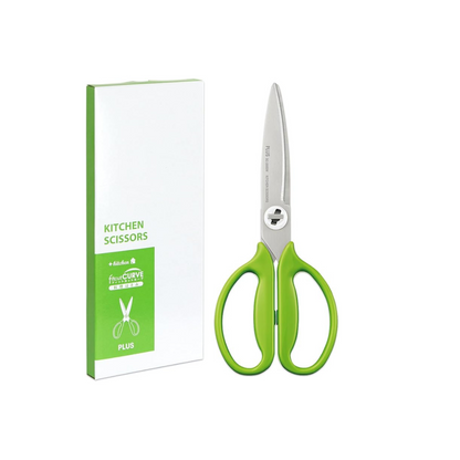 Plus Kitchen Scissors, Disassembly, Dishwasher Safe, Stress-Free Cut, Fit Cut Curve, Lettuce Green, Paper Box Packaging 35727