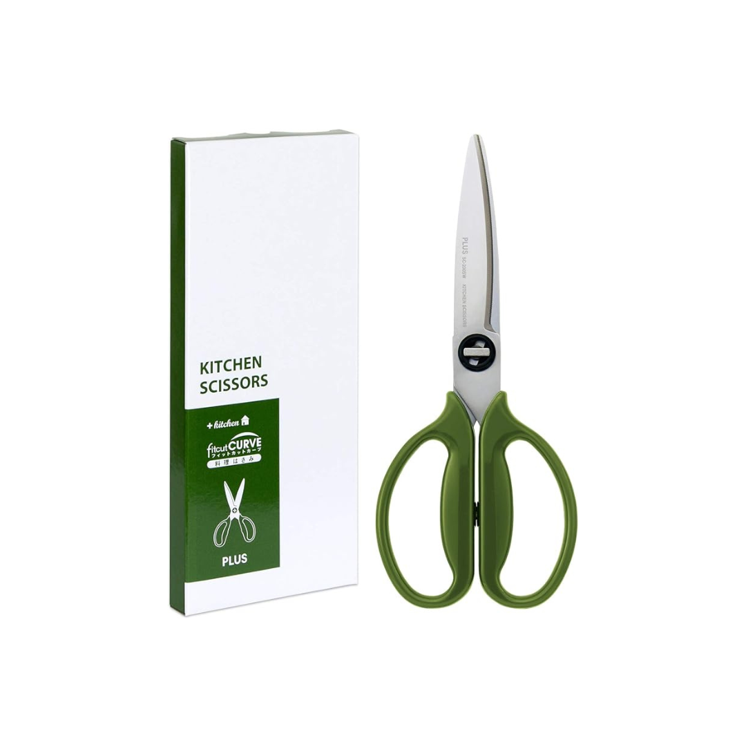 Plus Kitchen Scissors, Disassembly, Dishwasher Safe, Stress-Free Cut, Fit Cut Curve, Moss Green, Paper Box Packaging 35730