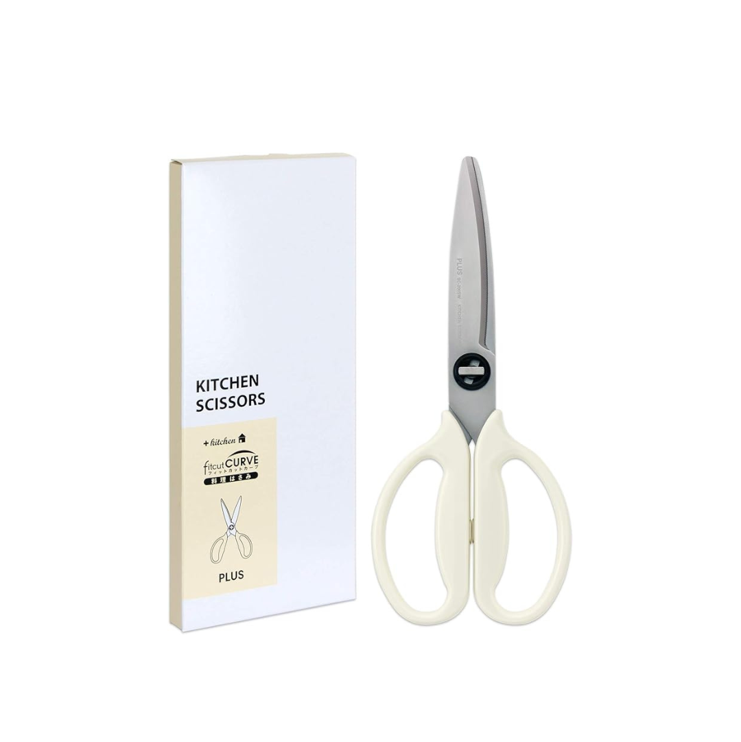 Plus Kitchen Scissors Disassemble Dishwasher Safe Stress-Free Cutting Fit Cut Curve Ivory White Paper Box Packaging 35731