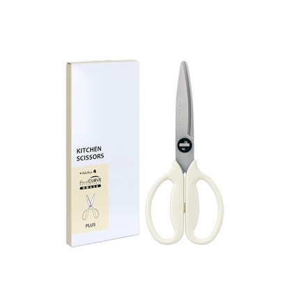 Plus Kitchen Scissors Disassemble Dishwasher Safe Stress-Free Cutting Fit Cut Curve Ivory White Paper Box Packaging 35731