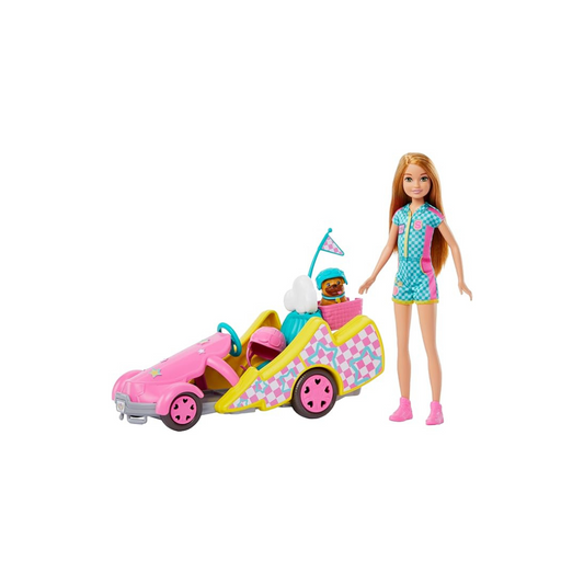 Barbie Stacie Doll with Go-Kart Car with Rolling Wheels, Dog, Accessories, & Sticker Sheet, 9-Piece Toy Set