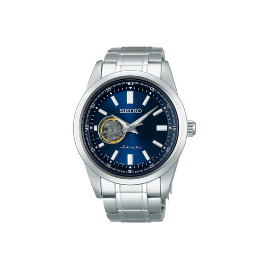 Seiko Men's Mechanical Open Heart Model, Dial: Blue/Case: Silver, Open Heart Model