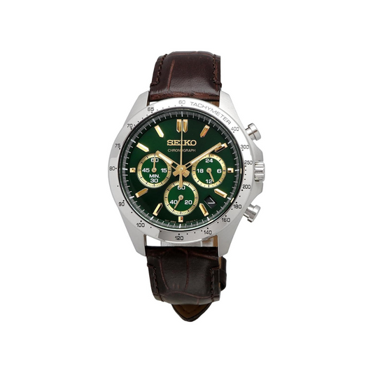 Seiko SBTR017 Men's 1/5 Second Chronograph Quartz Wristwatch, Green Brown Leather, Green Brown Leather SBTR017, Chronograph with 3 sides and 60 minutes
