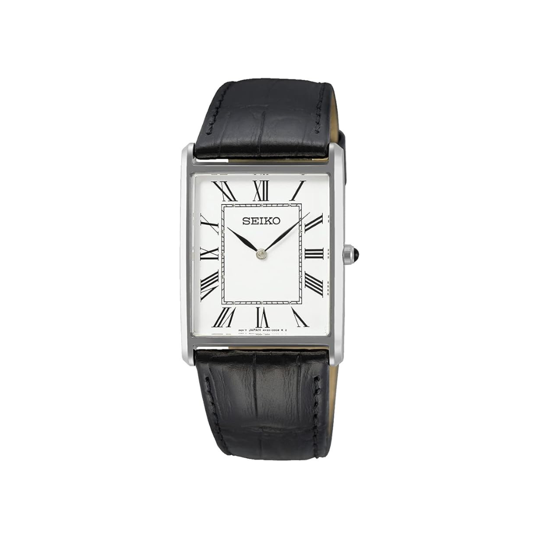 Seiko SWR049 Men's Wristwatch, Square Design, Quartz, White Dial x Black Leather Band, Classic