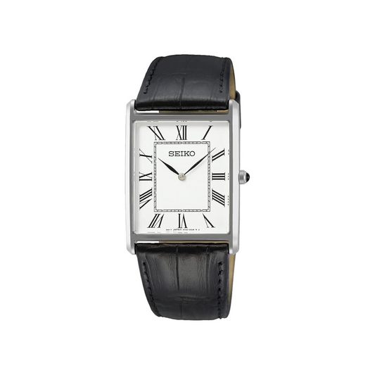 Seiko SWR049 Men's Wristwatch, Square Design, Quartz, White Dial x Black Leather Band, Classic