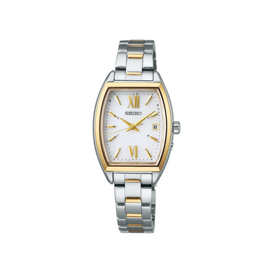 Seiko  Series Women's Wristwatch, Tonneau Type, Solar Radio Wave, Case: Silver & Yellow Gold; Dial: White, Case Shape: Tonneau (barrel type)