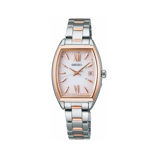 Seiko Series Women's Wristwatch, Tonneau Type, Solar Radio Wave, Case: Silver & Pink Gold, Dial: Light Pink, Case Shape: Tonneau (barrel type)
